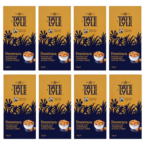 Multiple boxes of Tate & Lyle Demerara sugar cubes on a white background
