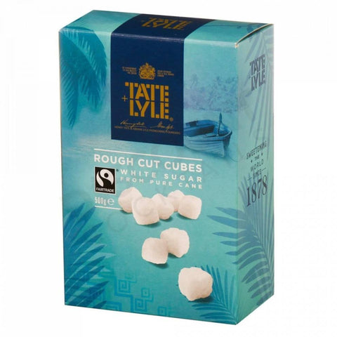 Tate & Lyle Rough Cut Cubes white sugar packaging on a white background