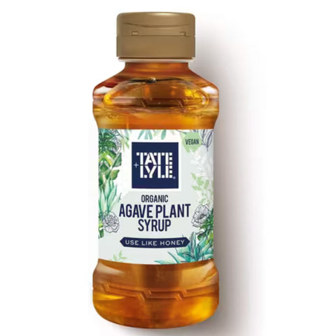 Bottle of Tate & Lyle organic agave plant syrup on a white background