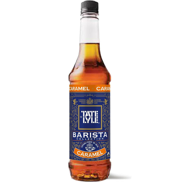 Bottle of Tate & Lyle Barista Collection Caramel syrup on a white background