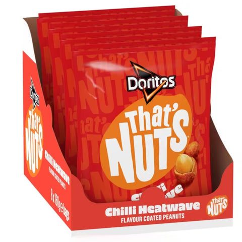 Box of Doritos That's Nuts Chilli Heatwave flavor coated peanuts on a white background