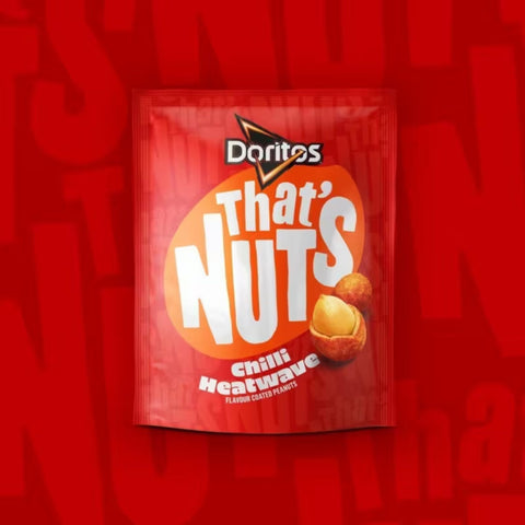 Doritos That's Nuts Chilli Heatwave snack packet on a red background