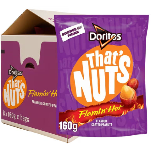 Doritos That's Nuts Flamin' Hot packaging with purple box and orange label.