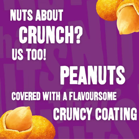 Advertisement for walkers thats nuts 
peanuts with a crunchy coating on a purple background with text.