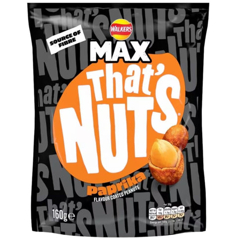 Pack of Walkers Max That's Nuts paprika flavour coated peanuts on a white background