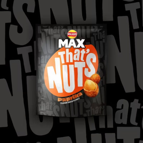 Walker's Max That's Nuts packaging on a black background with the brand name repeated.