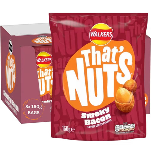 Walkers That's Nuts Smoky Bacon flavor packet and box on a white background