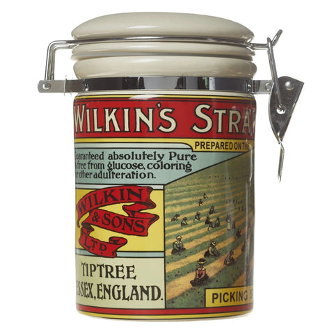Vintage-style jar with a colourful label featuring 'Wilkin's Straw' branding and imagery. From Tiptree