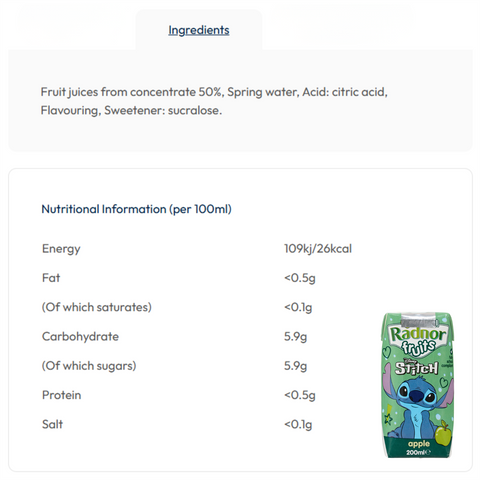 Radnor Fruits Apple Juice Drink 18x200ml  Cartons Disney Stitch