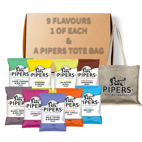 Pipers Christmas Selection Box Gift Bundle | 9 Flavours | 1 of Each Flavour | 40g Bags with Pipers Tote Bag