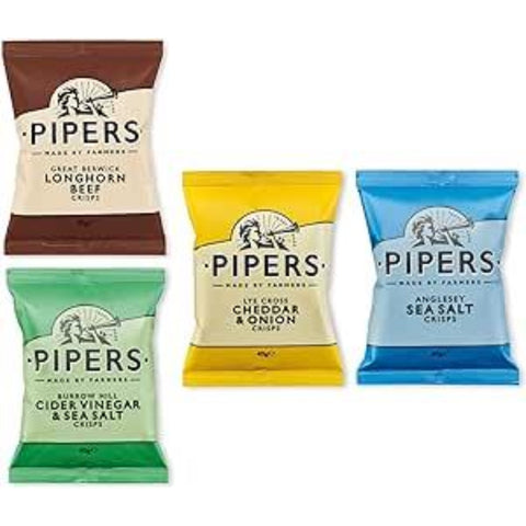 Pipers Top 4 Mixed Variety 40 x 40g | 13 x Lye Cross Cheddar & Onion | 11 x Anglesey Sea Salt | 9 x Burrow Hill Cider Vinegar & Sea Salt | 7 x Great Berwick Longhorn Beef