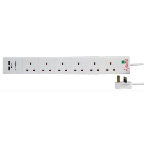 Pro-Elec 6 Gang 2 USB Surge Extension Lead White 5m - PEL00115