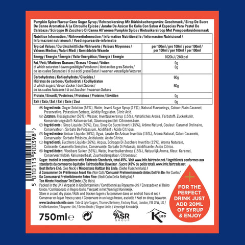 Tate & Lyle Pumpkin Spice Coffee Syrup 750ml Bottles