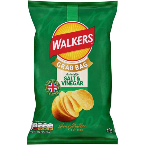 Walkers Salt & Vinegar Flavoured Grab Bag Potato Crisps 32 x 45g