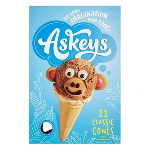 A  75-gram box of ice cream cones with the text Askeys - Let your imagination run free; 21 cup cones with sweetener